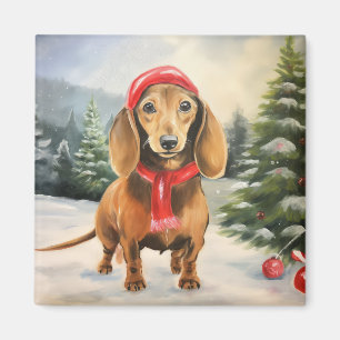 Dachshund Dog in Snow Christmas  Magnet