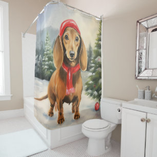 Dachshund Dog in Snow Christmas Shower Curtain