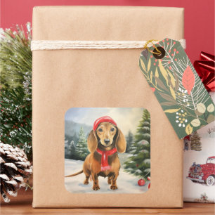 Dachshund Dog in Snow Christmas  Square Sticker