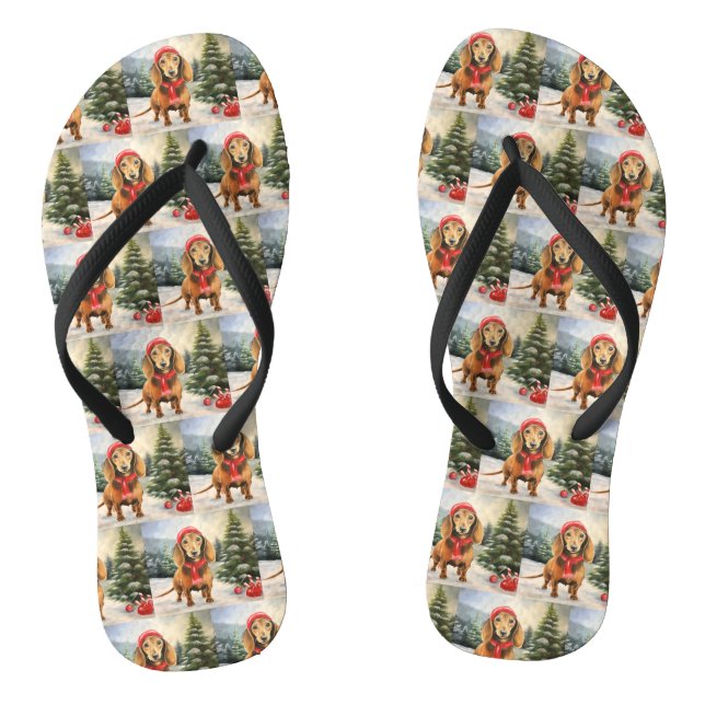 Dachshund Dog in Snow Christmas  Thongs (Footbed)