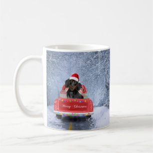 Dachshund Dog in Snow sitting in Christmas Truck  Coffee Mug