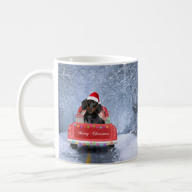 Dachshund Dog in Snow sitting in Christmas Truck  Coffee Mug (Left)