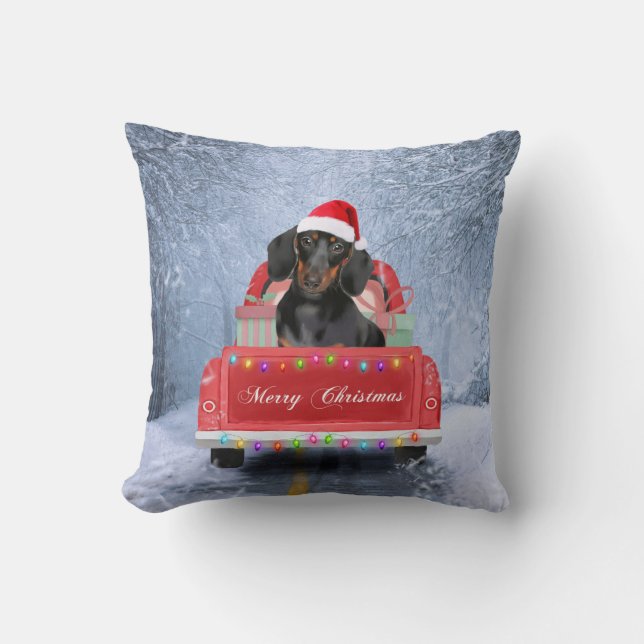 Dachshund Dog in Snow sitting in Christmas Truck Cushion (Front)