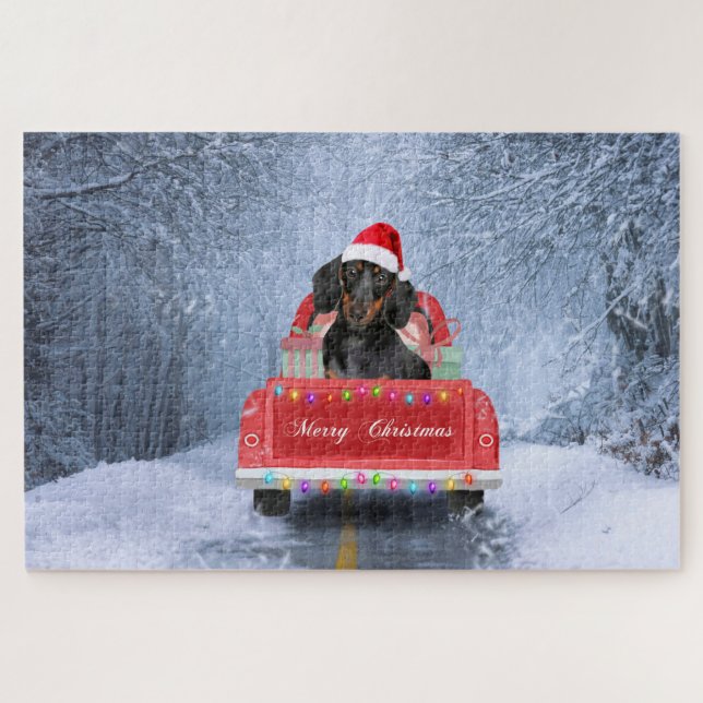  Dachshund Dog in Snow sitting in Christmas Truck Jigsaw Puzzle (Horizontal)