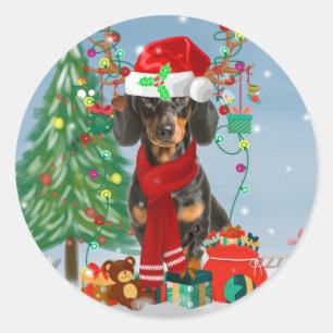 Dachshund Dog in Snow with Christmas Classic Round Sticker