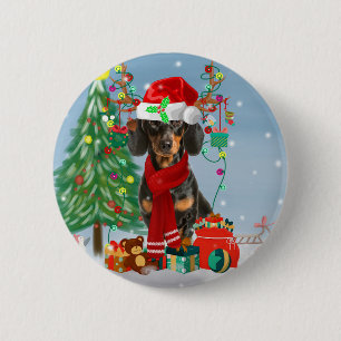 Dachshund Dog in Snow with Christmas Gifts  6 Cm Round Badge