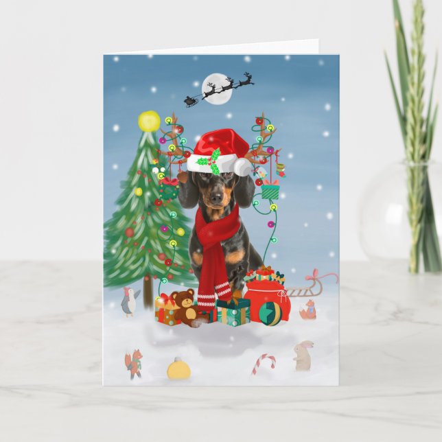 Dachshund Dog in Snow with Christmas Gifts  Card (Front)