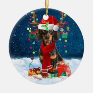 Dachshund Dog in Snow with Christmas Gifts  Ceramic Ornament