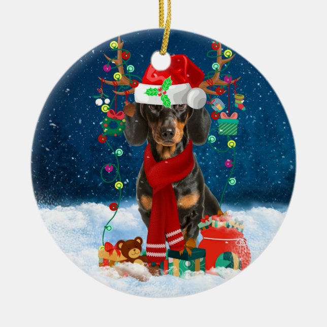 Dachshund Dog in Snow with Christmas Gifts  Ceramic Ornament (Front)