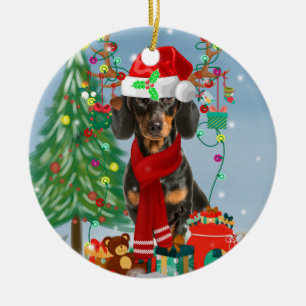 Dachshund Dog in Snow with Christmas Gifts   Ceramic Ornament