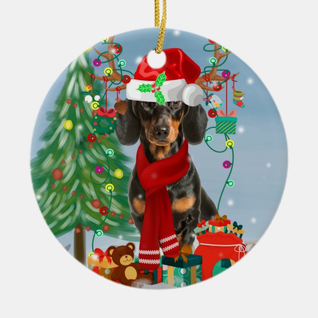 Dachshund Dog in Snow with Christmas Gifts   Ceramic Ornament (Front)