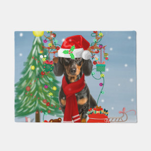 Dachshund Dog in Snow with Christmas Gifts   Doormat