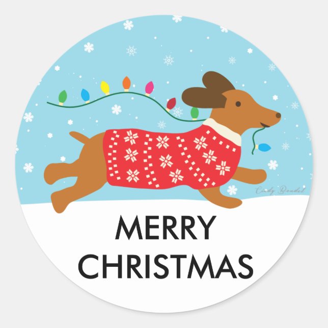 Dachshund Dog in the Snow Merry Christmas Classic Round Sticker (Front)