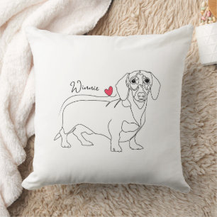 Dachshund Dog Line Art and Heart with Name Cushion