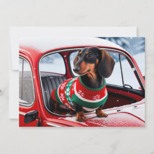 dachshund dog on a car, and the holidays invitation