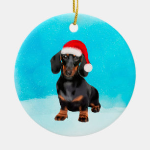 Dachshund Dog On Beach Christmas Hat Ceramic Ornament