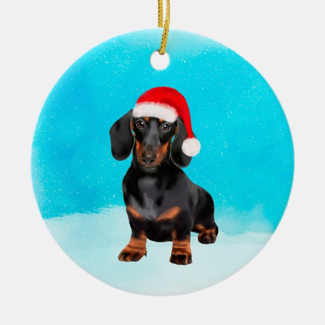 Dachshund Dog On Beach Christmas Hat Ceramic Ornament (Front)