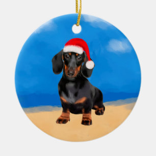 Dachshund Dog On Beach Christmas Hat Ceramic Ornament