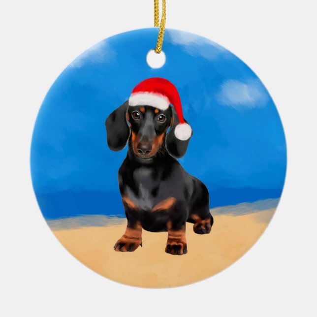 Dachshund Dog On Beach Christmas Hat Ceramic Ornament (Front)