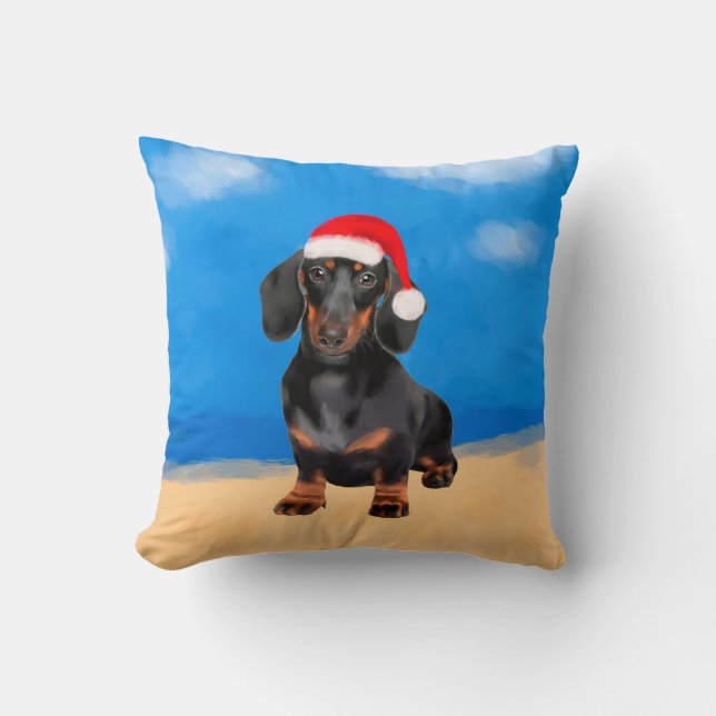Dachshund Dog On Beach Christmas Hat Cushion (Front)