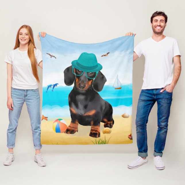 Dachshund Dog on Beach Fleece Blanket (In Situ)