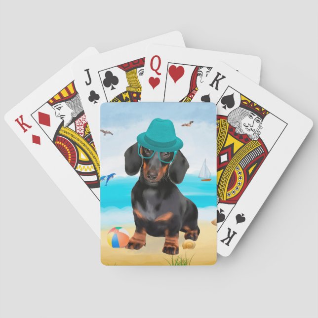 Dachshund Dog on Beach Playing Cards (Back)