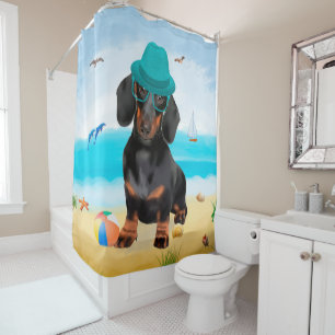 Dachshund Dog on Beach Shower Curtain