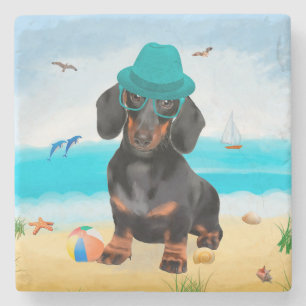 Dachshund Dog on Beach Stone Coaster