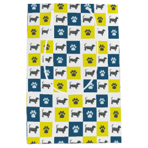 Dachshund Dog & Paw Yellow & Black Grid Line Medium Gift Bag