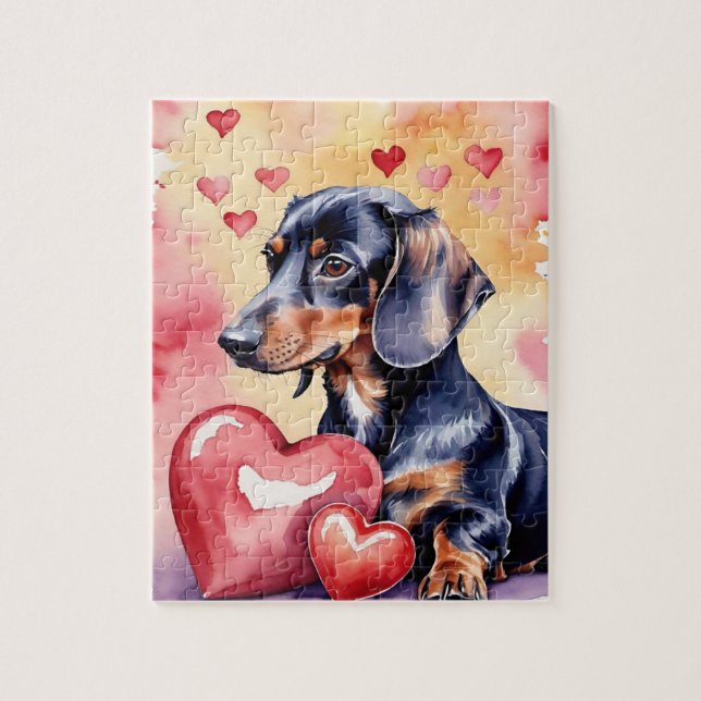 Dachshund Dog Pet Portrait Watercolor Valentine Jigsaw Puzzle (Vertical)