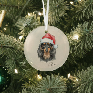 Dachshund Dog Portrait and Name Christmas Glass Tree Decoration