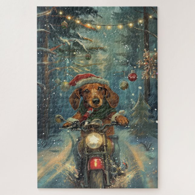 Dachshund Dog Riding Motorcycle Christmas Jigsaw Puzzle (Vertical)