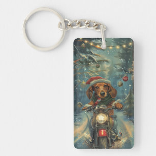 Dachshund Dog Riding Motorcycle Christmas Key Ring