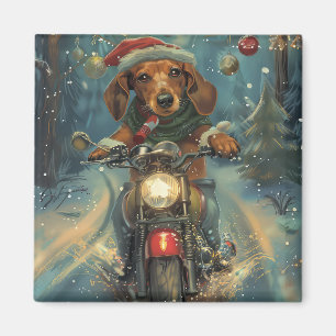 Dachshund Dog Riding Motorcycle Christmas Magnet
