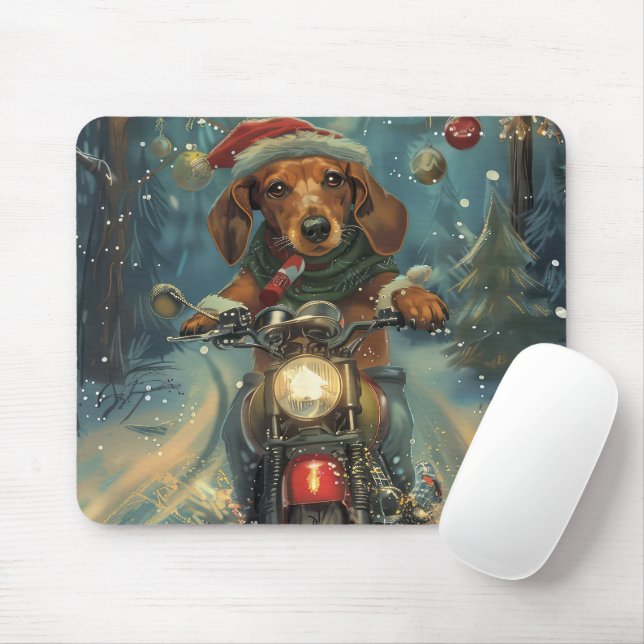 Dachshund Dog Riding Motorcycle Christmas Mouse Pad (With Mouse)