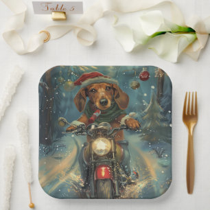 Dachshund Dog Riding Motorcycle Christmas Paper Plate