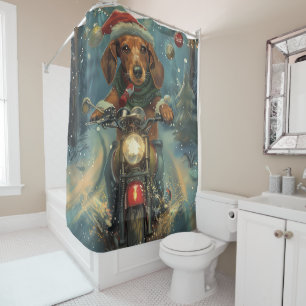 Dachshund Dog Riding Motorcycle Christmas Shower Curtain