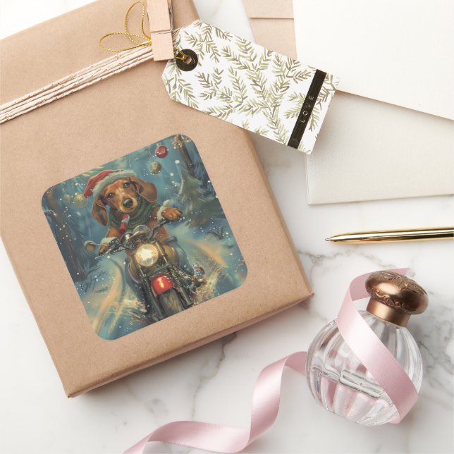 Dachshund Dog Riding Motorcycle Christmas Square Sticker (Gifting)