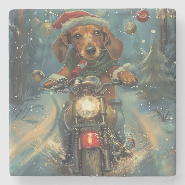 Dachshund Dog Riding Motorcycle Christmas Stone Coaster (Front)