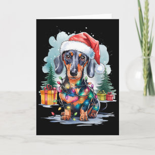 Dachshund Dog Santa Hat Christmas Lights Tree Wint Card