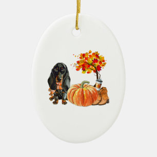 Dachshund Dog Scarf Pumpkin Autumn Leaves Fall Ceramic Ornament