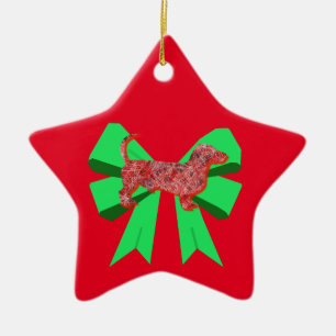 Dachshund Dog Silhouette Red & Green Bow Christmas Ceramic Ornament