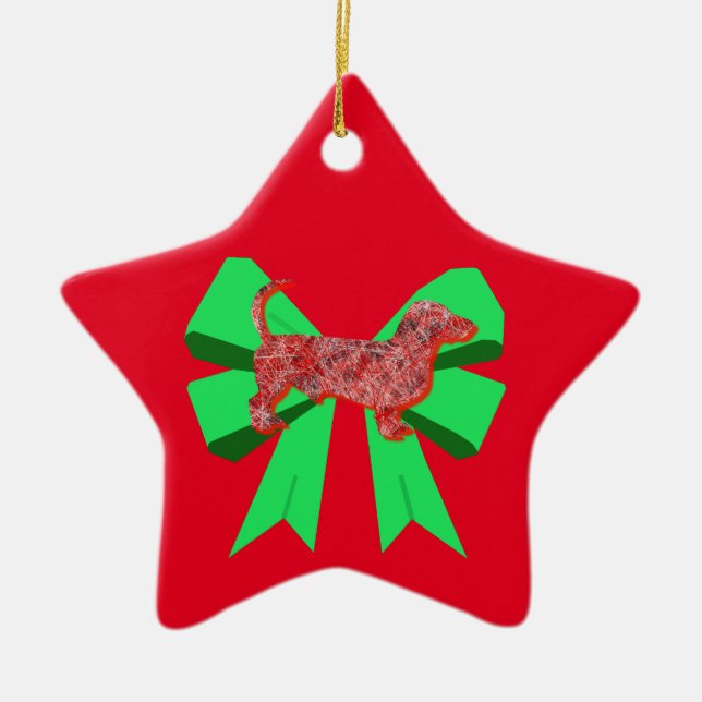 Dachshund Dog Silhouette Red & Green Bow Christmas Ceramic Ornament (Front)