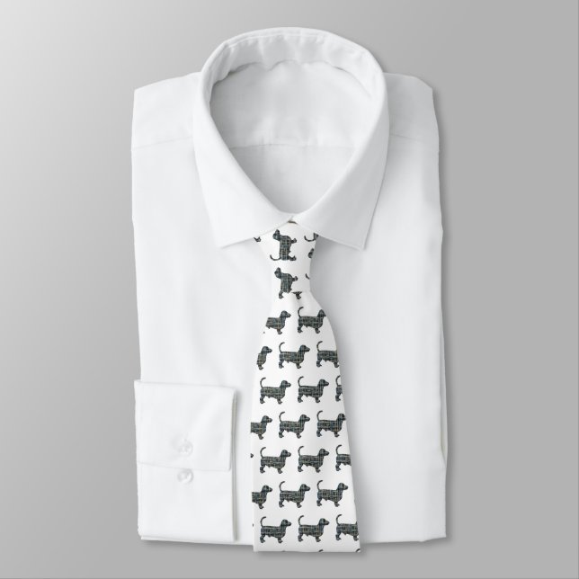 Dachshund Dog Silhouette Yellow & Blue White Tie (Tied)