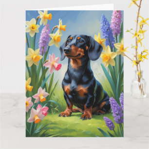 Dachshund Dog Spring Flowers Painting Card