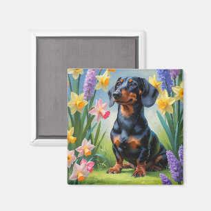 Dachshund Dog Spring Flowers Painting Magnet