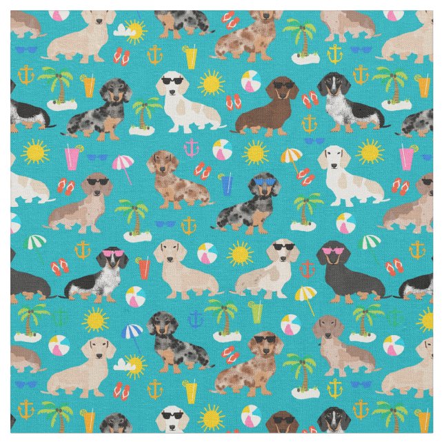 Dachshund dog summer beach turquoise fabric (Close Up)