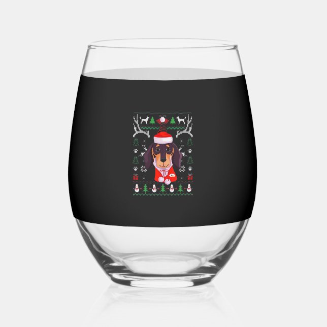 Dachshund Dog Ugly Christmas Classic T-Shirt Stemless Wine Glass (Front)
