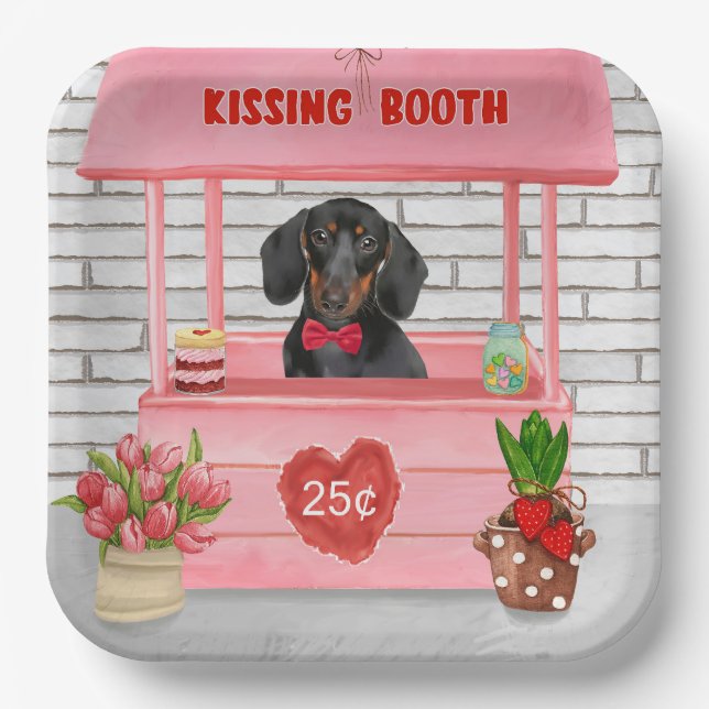 Dachshund Dog Valentine's Day Kissing Booth Paper Plate (Front)