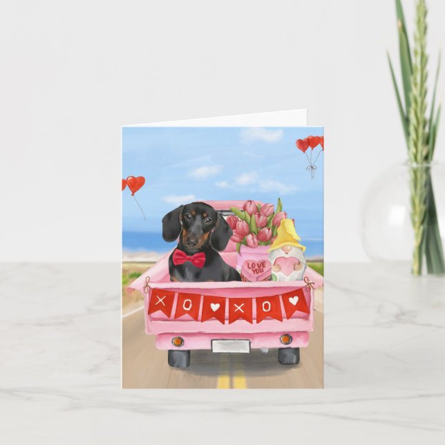 Dachshund Dog Valentine's Day Truck Hearts Card (Front)